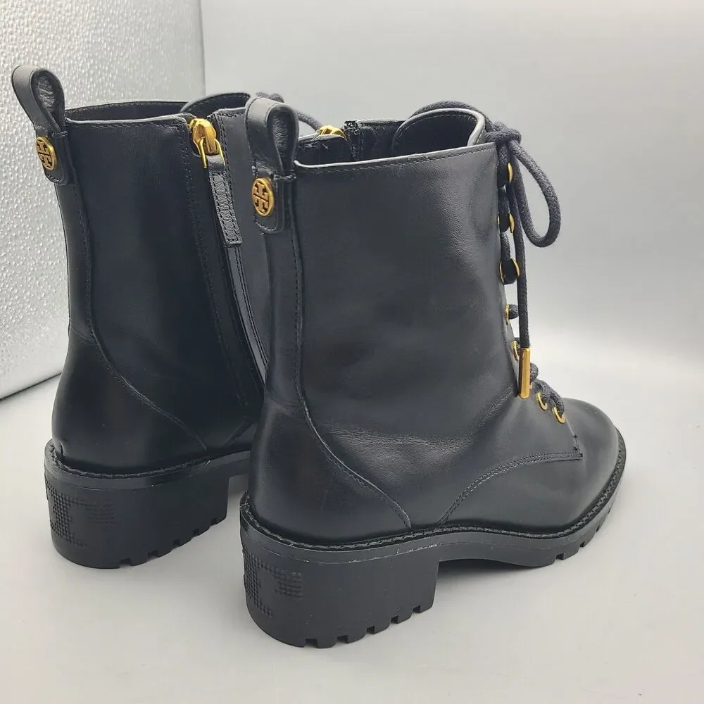 Tory Burch Combat Lug Sole Boots Zipper Lace Up Black Leather Logo US 6 New